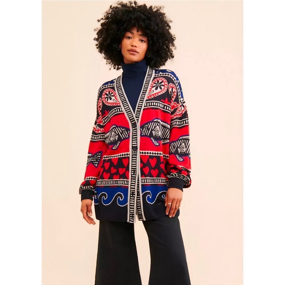 Farm Rio Navy & Red Mixed Print Fish and Hearts Cardigan. Retails $198 - Picture 3 of 9